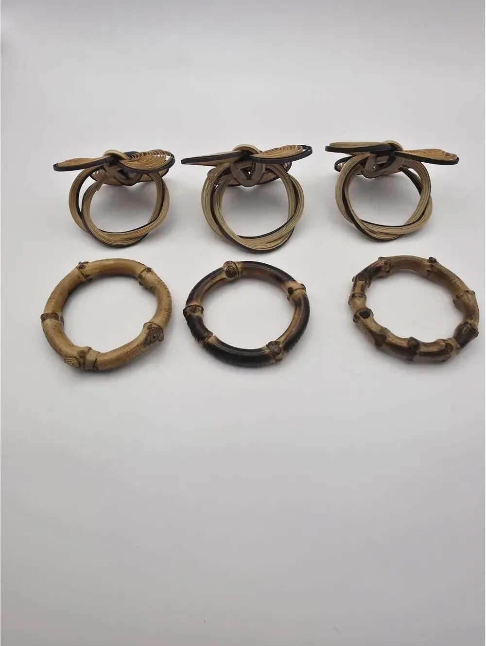 Vintage BAMBOO NAPKIN RINGS  Lot 6 Piece Set BOHO Natural Tiki & Woven Wicker